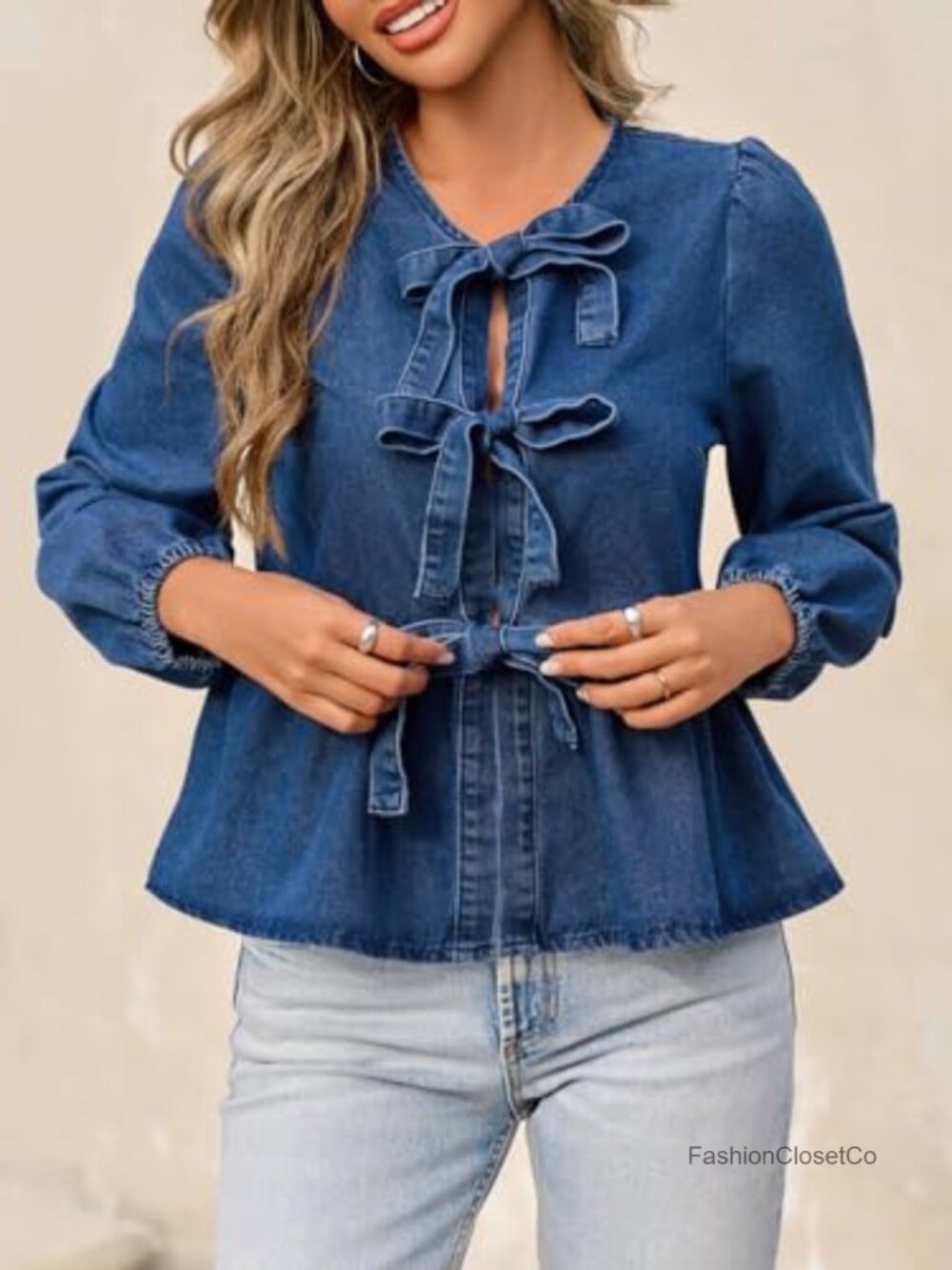 Women's Denim Babydoll Blouse with Long Puff Sleeves - Picture 3 of 6